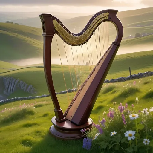 Prompt: An Irish harp with the Irish countryside in the background. 