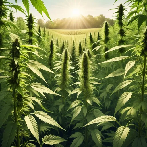 Prompt: field of marijuana plants hidden in a maize field, vibrant green foliage, contrasting textures of crops, light filtering through maize leaves, serene rural atmosphere, soft sunlight casting interesting shadows, lush surroundings, photorealistic, high resolution, ultra-detailed, intimate and secretive vibe, slightly whimsical undertone, warm golden hues in the lighting.