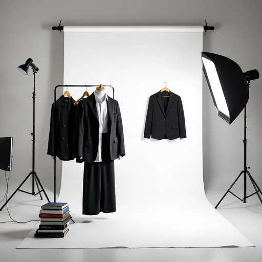 Prompt: Studio back ground with books and lamp  and change clothes to black dress jacket with white shirt. 