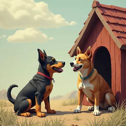 Prompt: When a dog barking at another dog one dog ties to a dog house I need 2 d colour images and I need frame images

