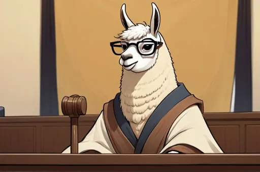 Prompt: a llama wearing a judge's robe and presiding over a legal case in a Taiwanese courtroom, representing the legal system of the (Taiwan). The llama is holding a gavel and sitting beside a stack of Taiwanese legal books with traditional Chinese text on the covers. The background includes the emblem of Taiwan behind the judge's bench, wooden benches for thecourtroom. The overall atmosphere should feel formal and distinctly connected to Taiwan's legal traditions