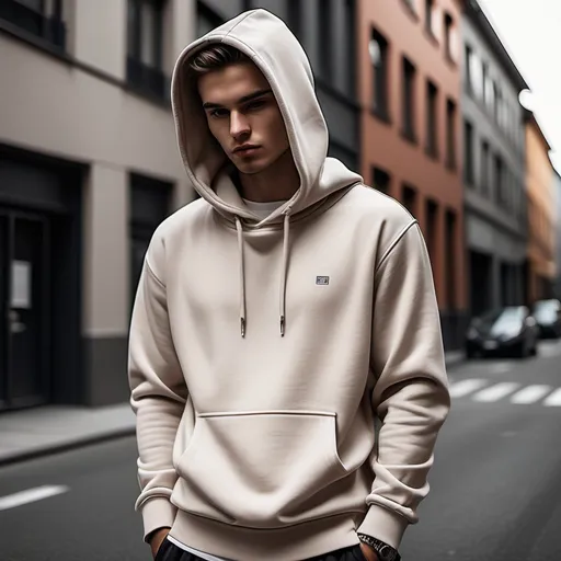 Prompt: (hoody), modern style, casual wear, relaxed vibe, soft fabric texture, muted colors, street fashion inspiration, urban environment, subtle shadows and highlights, serene ambiance, high-quality, ultra-detailed, cool tone backdrop, emphasizes comfort and style, showcasing versatility of the apparel, ultimately creating a cozy yet stylish impression.