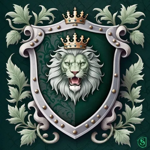 Prompt: family coat of arms, green lion shield, royal posture, high quality, flourishing green background, game of throne style, flat, 2d, family name DA FONTE