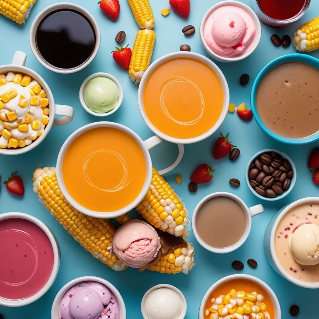 Prompt: Make a picture that contains juices, cup corn, coffee, soup, snacks, and ice cream