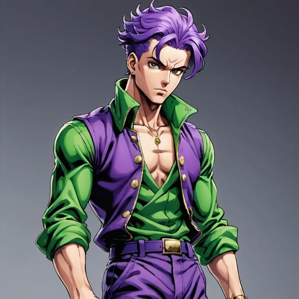 Prompt: Man fully clothed jojo's bizarre adventure style, purple hair, green outfit