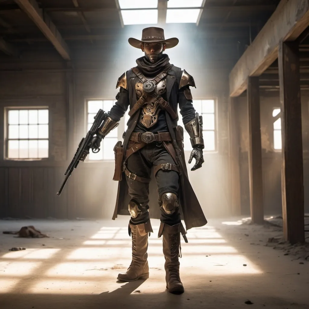 A lone cyborg gunslinger stands in a dusty abandone