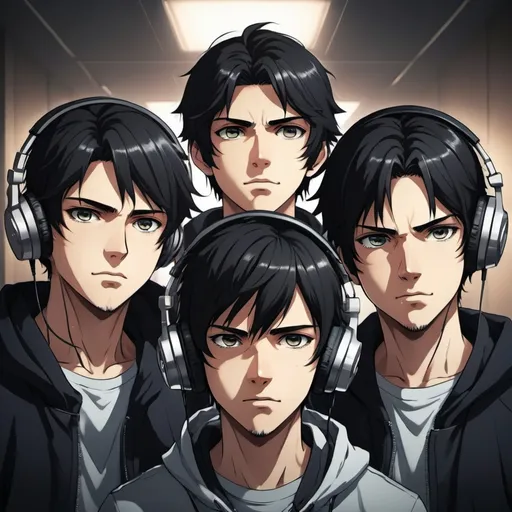 Prompt: Anime style image of four brothers, black hair, three of the four brothers wearing headphones, detailed eyes, highres, anime, detailed hair, professional, atmospheric lighting, sibling bond