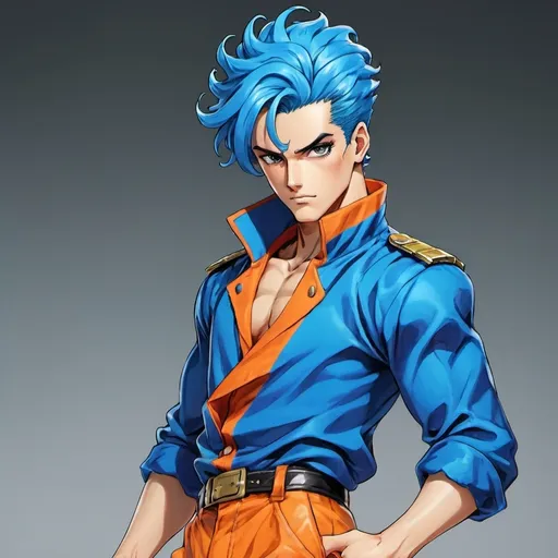 Prompt: Man fully clothed jojo's bizarre adventure style, blue hair, orange outfit