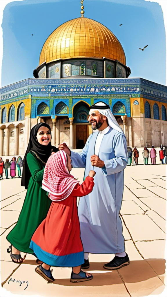 Prompt: Arab Palestine diverse grandparents Illustration dancing happy with children , Illustration dome of rock