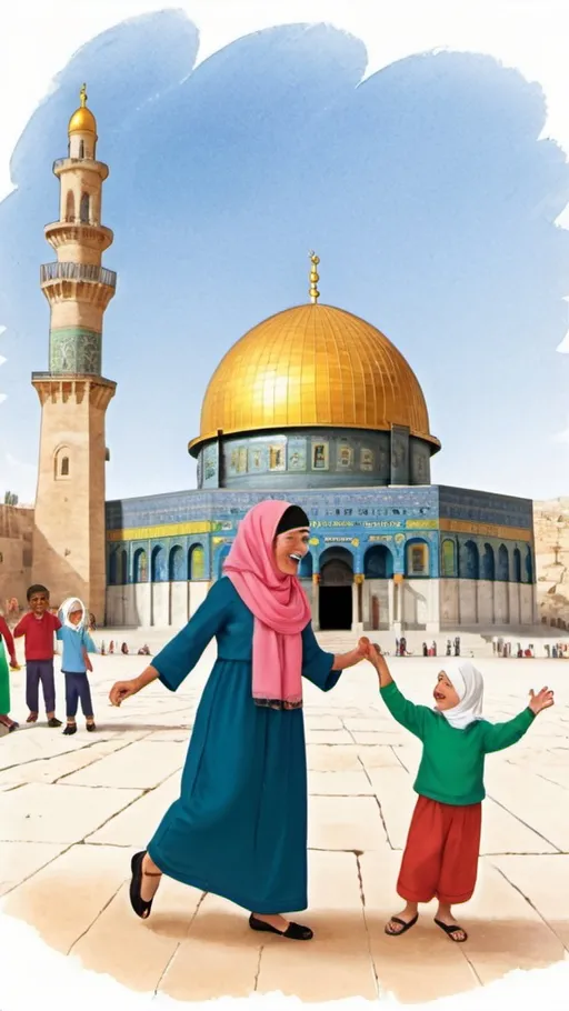 Prompt: Arab Palestine diverse grandparents Illustration dancing happy with children , dome of rock