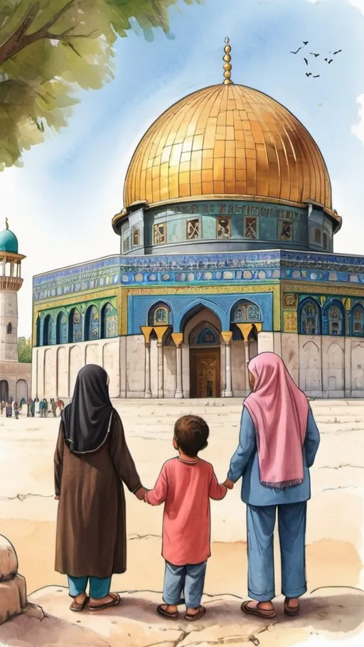 Prompt: Arab Palestine diverse grandparents Illustration praying happy with children , Illustration dome of rock