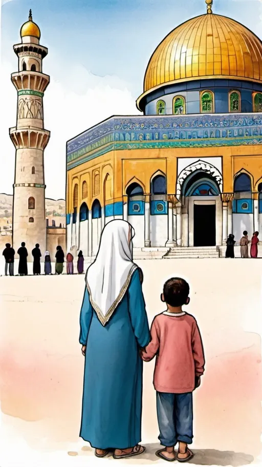 Prompt: Arab Palestine diverse grandparents Illustration praying happy with children , Illustration dome of rock