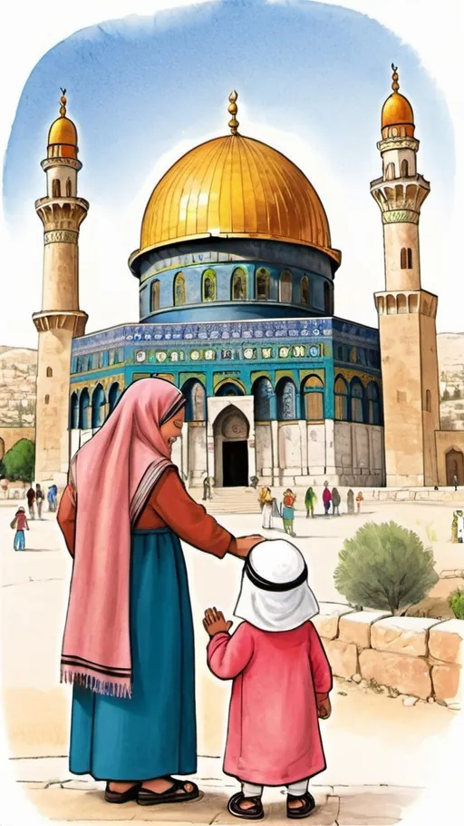 Prompt: Arab Palestine diverse grandparents Illustration praying happy with children , Illustration dome of rock