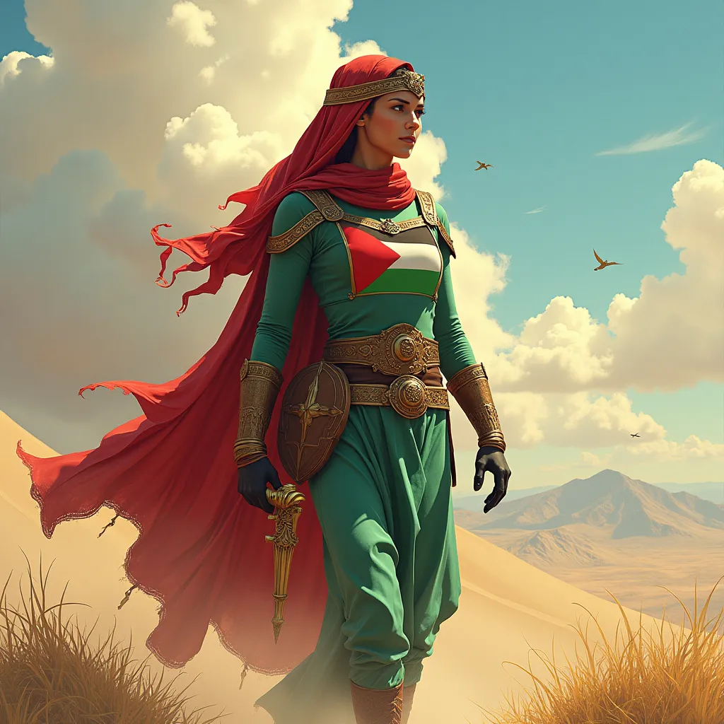 Prompt: abstract of Palestinian superhero Kufiyah , fantasy peaceful world