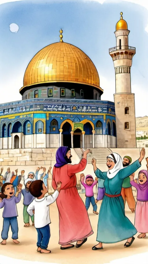 Prompt: Arab Palestine diverse grandparents Illustration dancing happy with children , dome of rock