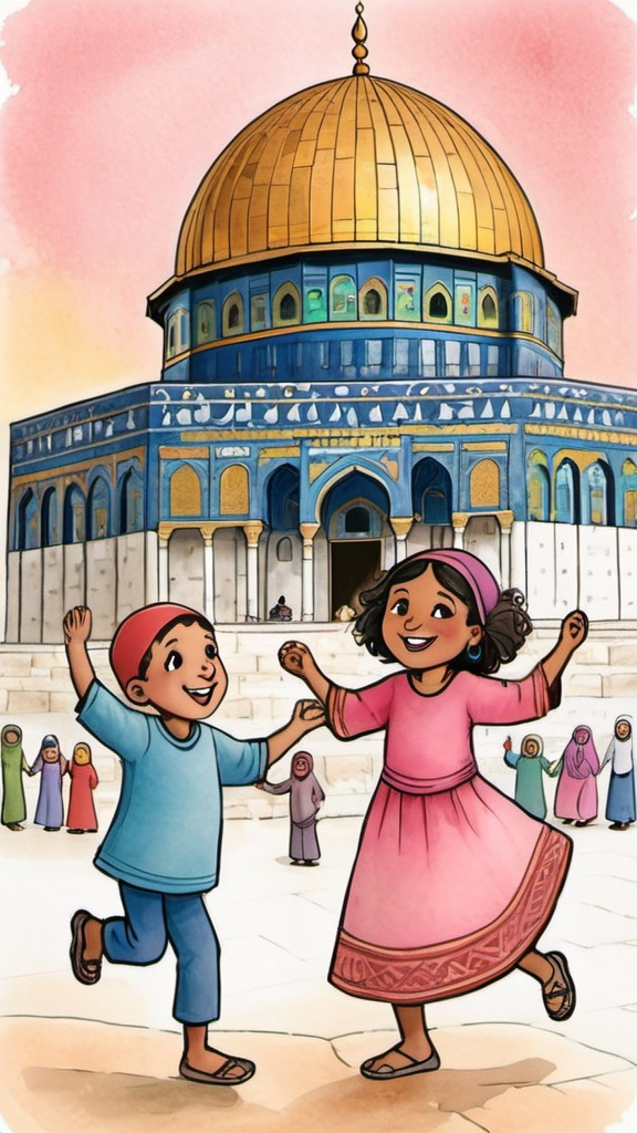 Prompt: Arab Palestine diverse grandparents Illustration dancing happy with children , Illustration dome of rock