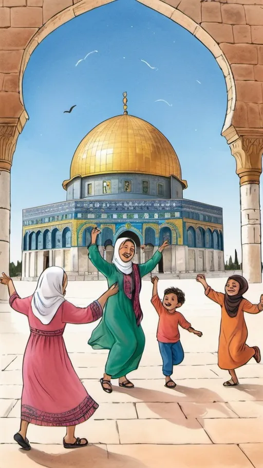 Prompt: Arab Palestine diverse grandparents Illustration dancing happy with children , dome of rock