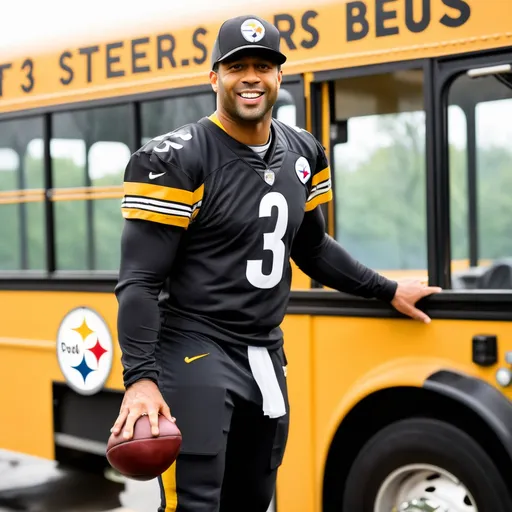 Prompt: Russell Wilson the celebrity and NFL quarterback, driving a school bus, wearing his #3 Pittsburgh Steelers uniform.