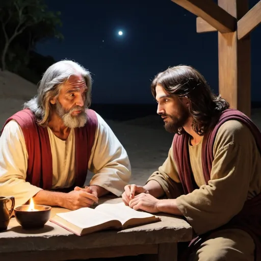 Prompt: Um encontro bíblico entre nicodemus e jesus Cristo a noite 