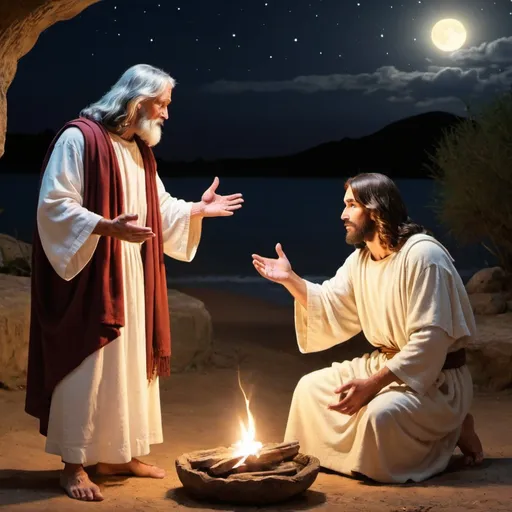 Prompt: Um encontro bíblico entre nicodemus e jesus Cristo a noite 