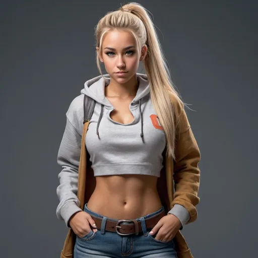 Prompt: a hyper realistic college girl tan flawless with blonde hair wearing open hoodie no shirt underneath wearing jeans and a belt full body ponytail