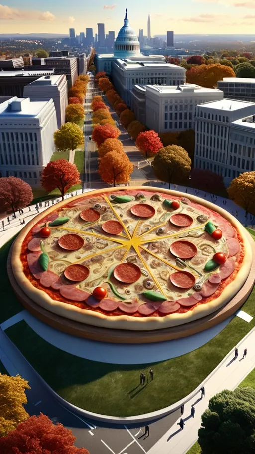 Prompt: A hyper-realistic, giant pizza placed in an unexpected capitol hill, with intricate details visible on its surface and inauguration ceremony with its surroundings