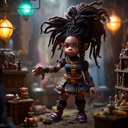 Prompt: Hyper realistic full body picture of a beautiful standing black minigirl gnome halfling with white dreads wrenching a mechanical spider in a large bustling magic toy shop, brown skin color,  stockings ,clothes indoors, background, high quality, trending art, trending on art station, sharp focus, studio photo, intricate details, highly detailed, UHD, HDR, 8K, dnd