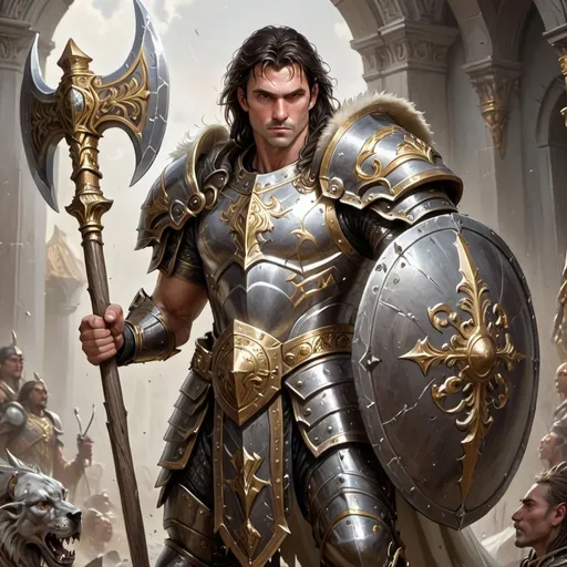 Prompt: A white male in his early 30s with natural, slightly tattered dark hair, standing in a relaxed pose. He is wearing polished heavy metal armor with elegant gold trim, showcasing a blend of strength and nobility. In one hand, he holds a large, ornate shield. In the other hand, he grips a large battle axe with intricate detailing. The overall mood is calm but ready, with subtle divine light reflecting off the armor, hinting at his clerical power. Background is softly blurred, focusing on the character’s dignified presence.