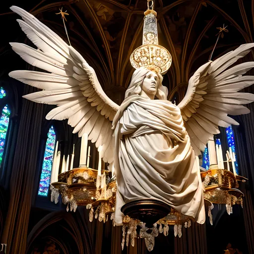 Prompt: Falling chandelier over an angel in church courtyard, marble architecture, dramatic lighting, detailed feathers, stained glass windows, high quality, oil painting, angelic, gothic, majestic, dramatic lighting, higher, ultra-detailed, marble, stained glass, golden hues, ethereal lighting dark room majestic angel with muscles standing , detailed face ,masculinity , clear face masculine angel, big muscles , roman architecture 