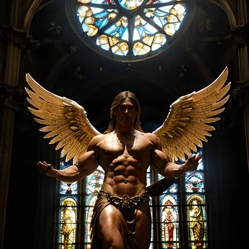 Prompt: Falling chandelier over an angel in church courtyard, marble architecture, dramatic lighting, detailed feathers, stained glass windows, high quality, oil painting, angelic, gothic, majestic, dramatic lighting, higher, ultra-detailed, marble, stained glass, golden hues, ethereal lighting dark room majestic angel with muscles standing , detailed face ,masculinity , clear face masculine angel, big muscles , roman architecture 