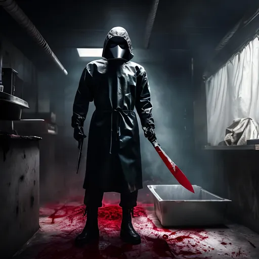 Prompt: Dark room , masked man , wearing bag , black suit , with butchering knife ,blood splashes on clothes,sycopath