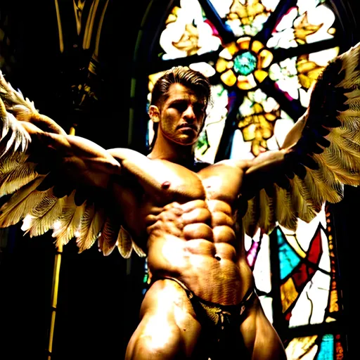 Prompt: Falling chandelier over an angel in church courtyard, marble architecture, dramatic lighting, detailed feathers, stained glass windows, high quality, oil painting, angelic, gothic, majestic, dramatic lighting, higher, ultra-detailed, marble, stained glass, golden hues, ethereal lighting dark room majestic angel with muscles standing , detailed face ,masculinity , clear face masculine angel, big muscles , roman architecture 