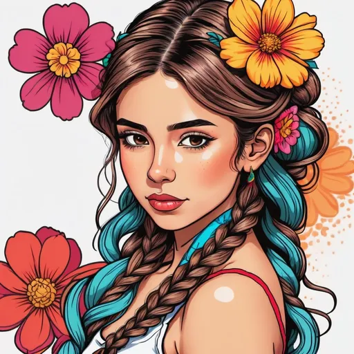 Prompt: colorful line art headshot portrait of a 
 Mexican girl with a braid, flower in her hair in the style of a comic.