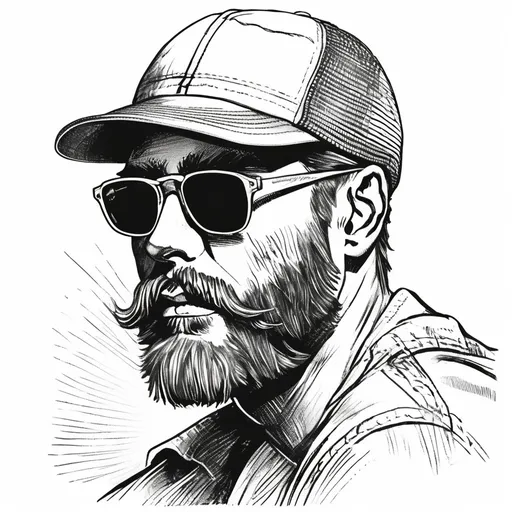 Prompt: Vintage clipart drawing of a man with a beard wearing dark sunglasses and a trucker hat, black and white, ink drawing