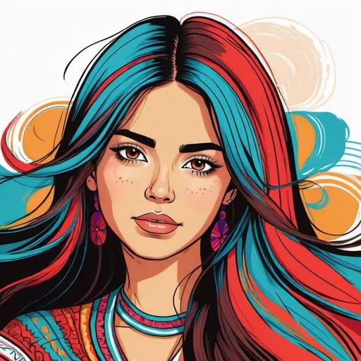 Prompt: colorful line art headshot portrait of a 
 Mexican girl with a long hair in the style of a comic.