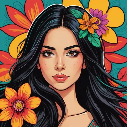 Prompt: colorful line art headshot portrait of a latina girl with long black hair, flower in her hair in the style of a comic mexico colors in background
