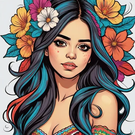 Prompt: colorful line art headshot portrait of a 
 Mexican girl with a long hair, flower in her hair in the style of a comic.