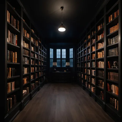 Prompt: A dark room with with bookshelves with books in them