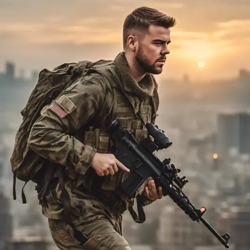 Prompt: <mymodel> (Full body) a soldier or fighter fully geared up with mustache and stubble grey short-cut hair, boots, military pants, holding a rifle, running, fantasy setting, bright like fron the sun in the background, in a painted style realistic art