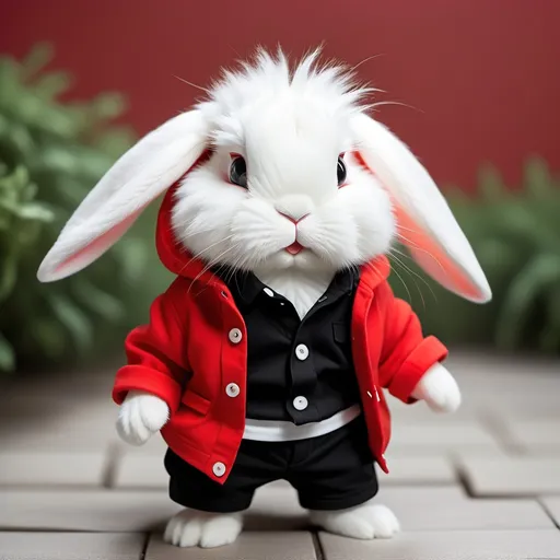 Prompt:  a fluffy white bunny, all fresh and clean after its shower, hopping into the cutest little outfit—a bright red shirt paired with tiny black pants. The contrast of the white fur with the bold red and black is just too stylish for words! It’s like the bunny is ready for a day out or maybe even a little adventure. This image is so whimsical and charming
