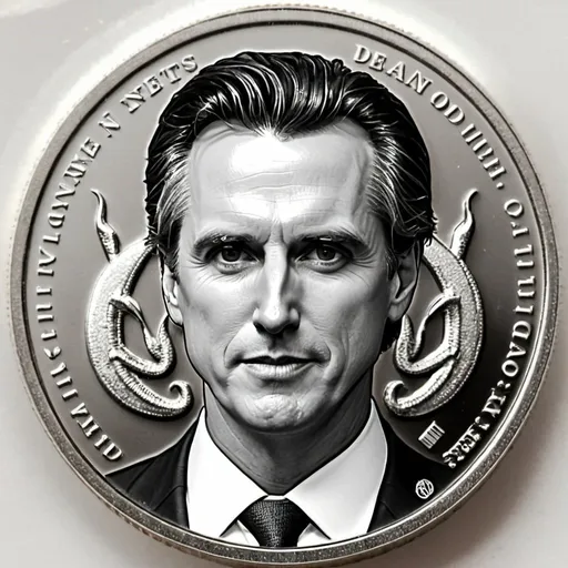 Prompt: Gavin newsom wearing face mask ad devil on 1 dollar coin, silver 