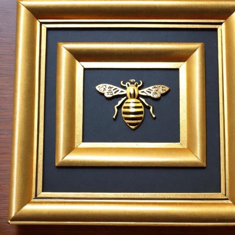 Prompt: create a square frame with gold leaf edging with a busy bee
