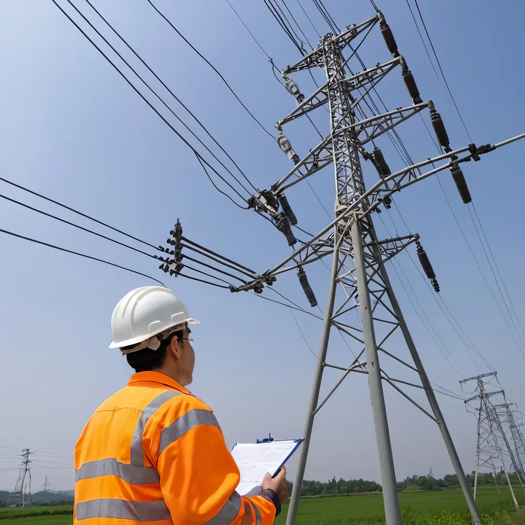 Prompt: an engineer is inspecting power distribution lines