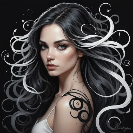Prompt: a woman with long hair and a black background with swirls on it, with a white background and a black background with a white swirl, Charlie Bowater, gothic art, flowing hair, an airbrush painting