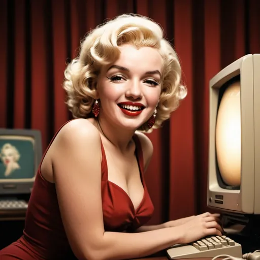 Prompt: Marilyn Monroe at computer, vintage Hollywood style, retro computer, 1950s fashion, iconic blonde curls, classic red lipstick, genuine smile, high quality, vintage illustration, warm tones, soft lighting, glamorous Hollywood, detailed expression