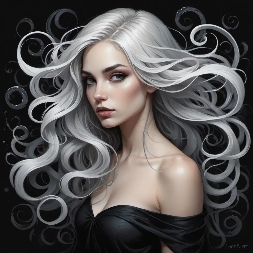 Prompt: a woman with long hair and a black background with swirls on it, with a white background and a black background with a white swirl, Charlie Bowater, gothic art, flowing hair, an airbrush painting