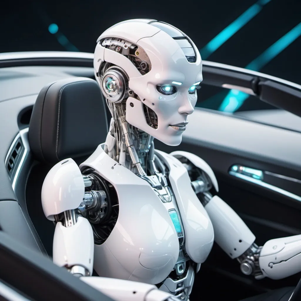 Prompt: white cyborg robot sitting behind the wheel in a white convertible, holographic background