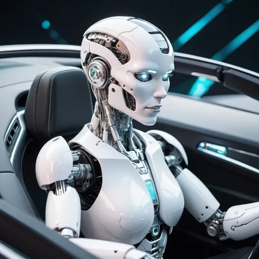 Prompt: white cyborg robot sitting behind the wheel in a white convertible, holographic background