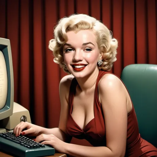 Prompt: Marilyn Monroe at computer, vintage Hollywood style, retro computer, 1950s fashion, iconic blonde curls, classic red lipstick, genuine smile, high quality, vintage illustration, warm tones, soft lighting, glamorous Hollywood, detailed expression