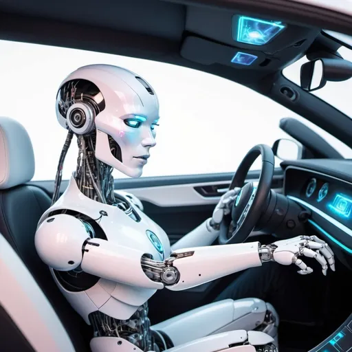 Prompt: white cyborg robot sitting behind the wheel in a white convertible, holographic background